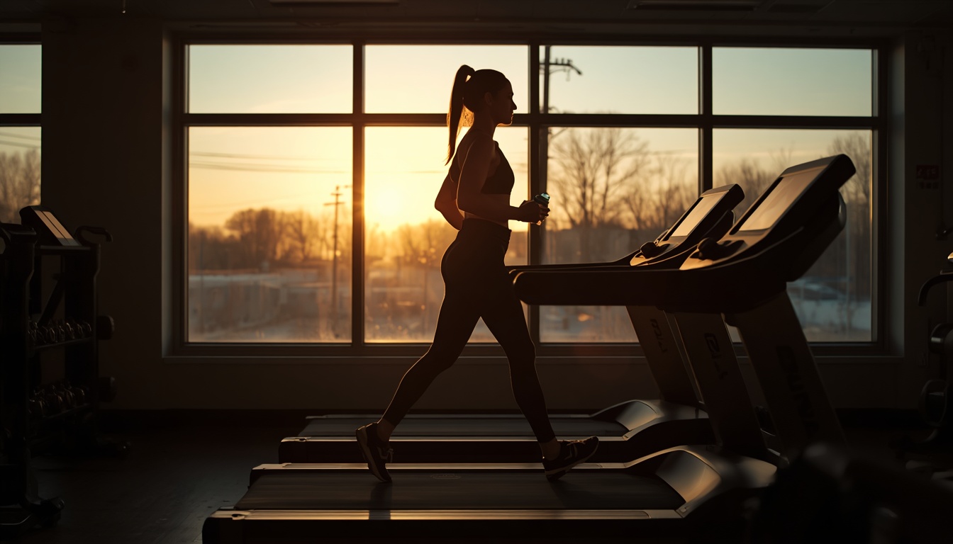A fit person calmly walking on a treadmill in the early morning, sunrise visible through gym windows, wearing comfortable athletic wear, relaxed posture, holding a water bottle. Mood: calm, intentional, separate from intense training. 