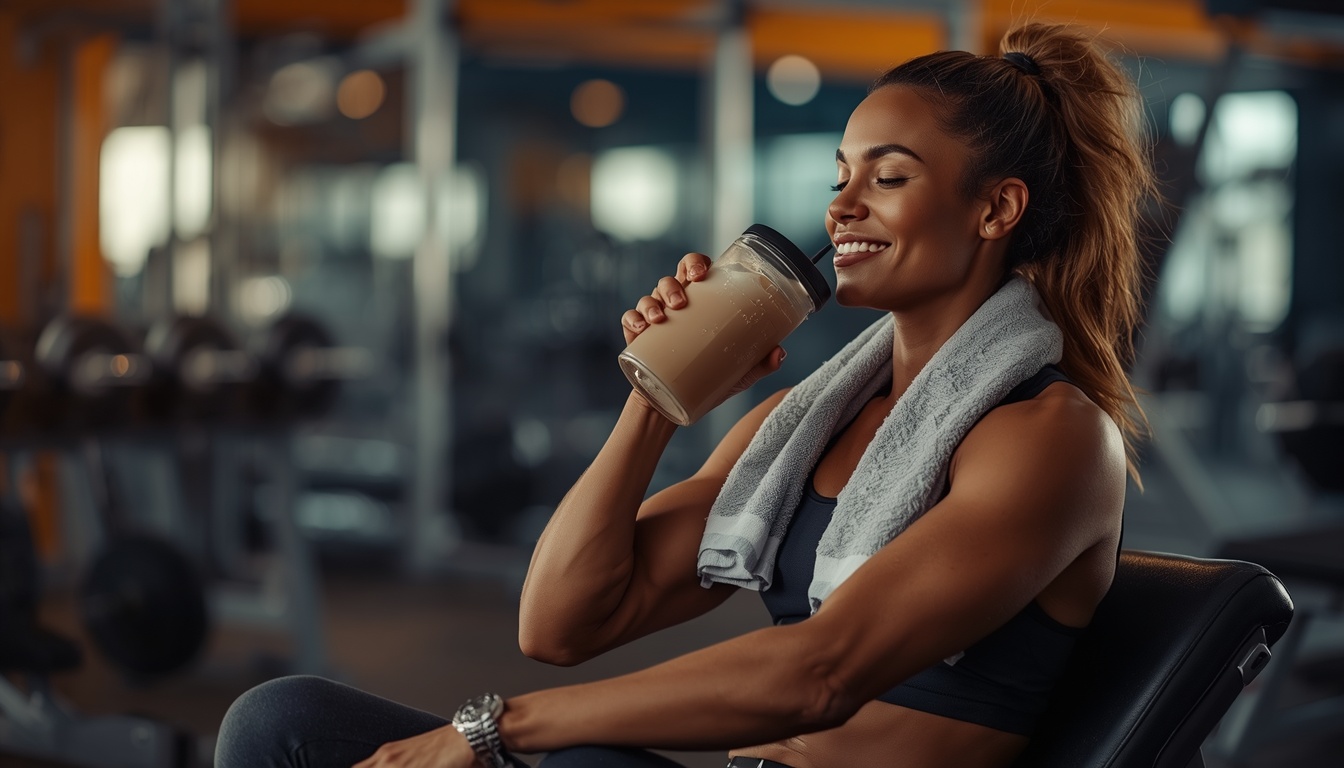 A fit muscular 40s woman sitting peacefully on a gym bench, towel around neck, drinking a post-workout shake, calm smile, gym slightly blurred in background. Mood: satisfaction, recovery, intentional rest. Lighting: warm, post-training glow