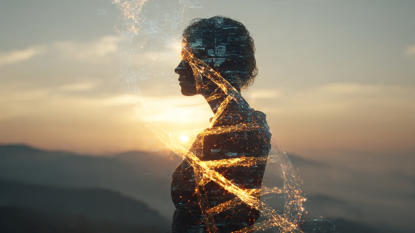 A human silhouette standing in morning light, facing a horizon. Inside the silhouette, a DNA helix is transforming into a glowing neural network of golden light, symbolizing consciousness shaping biology. The background is a soft, ethereal blend of scientific data streams and natural sunrise.