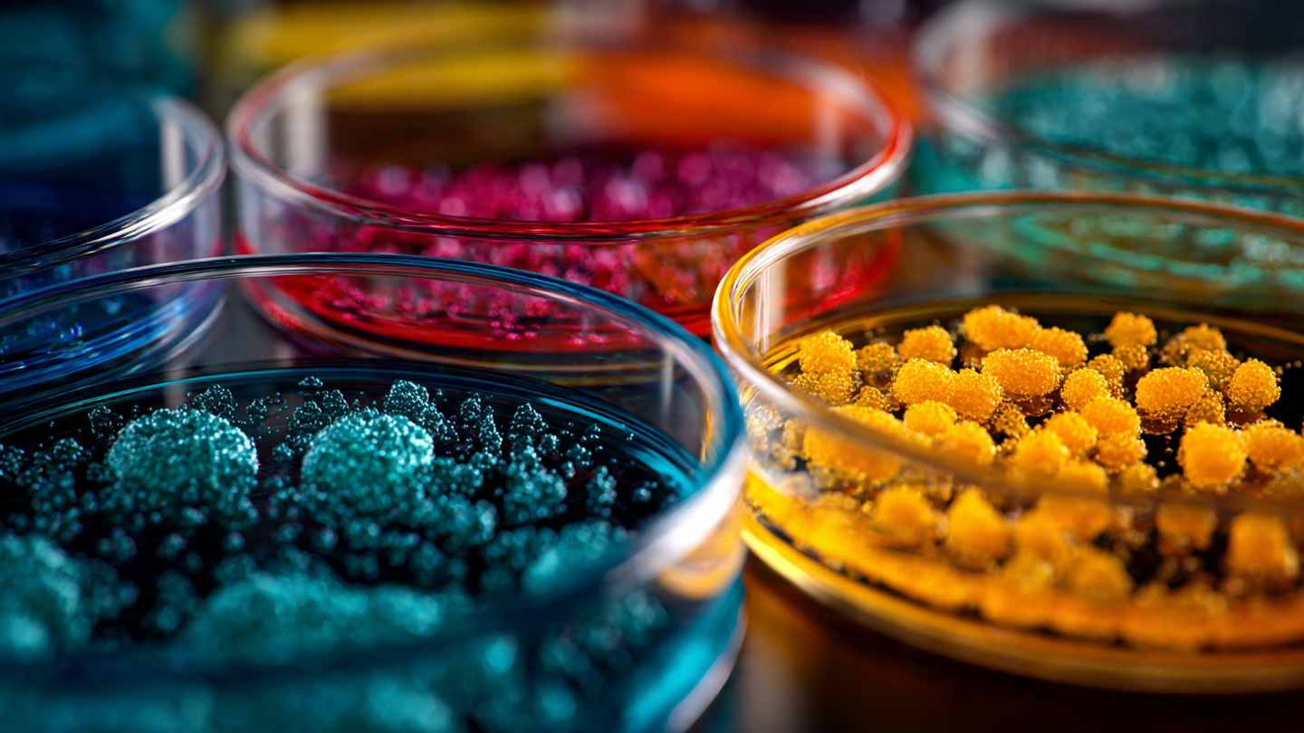 A laboratory petri dish. Inside, identical stem cells are visibly differentiating into three distinct paths based on the colored liquid environment surrounding them: one group forming muscle fibers, one bone structure, one fat cells. Sharp focus, scientific accuracy, vibrant colors, symbolizing environment dictating genetic expression.