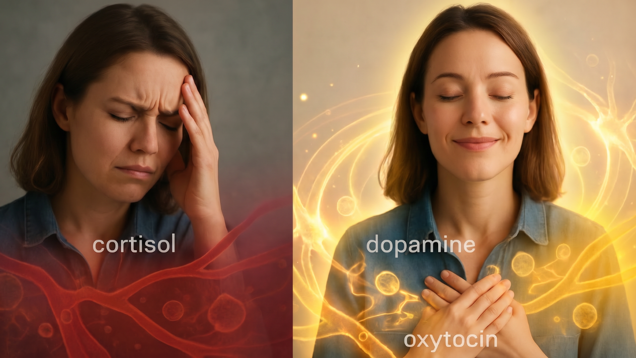 A split screen. Left side: A person looking stressed, with a translucent overlay of red cortisol molecules constricting blood vessels and dimming immune cells. Right side: The same person in a state of calm/love, with a translucent overlay of golden dopamine and oxytocin molecules, blood vessels open, immune cells glowing bright. Visual representation of biology responding to perception.