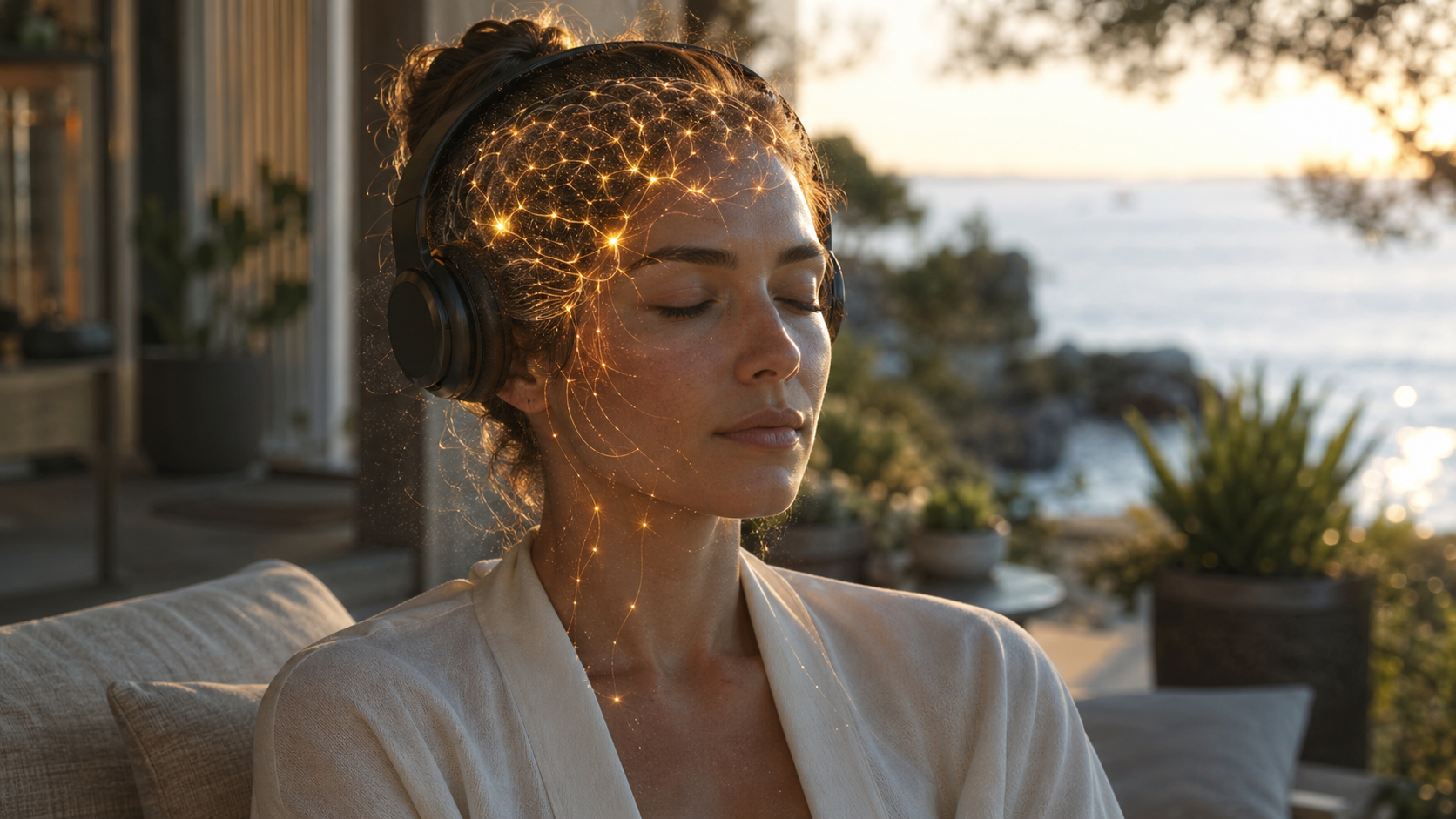 A person sitting in a peaceful morning setting, eyes closed, wearing headphones. A subtle holographic overlay shows neural pathways in the brain lighting up and reconnecting in a golden pattern. The atmosphere is serene, focused, and empowered. Symbolizes the REAP practice and Theta state rewiring.