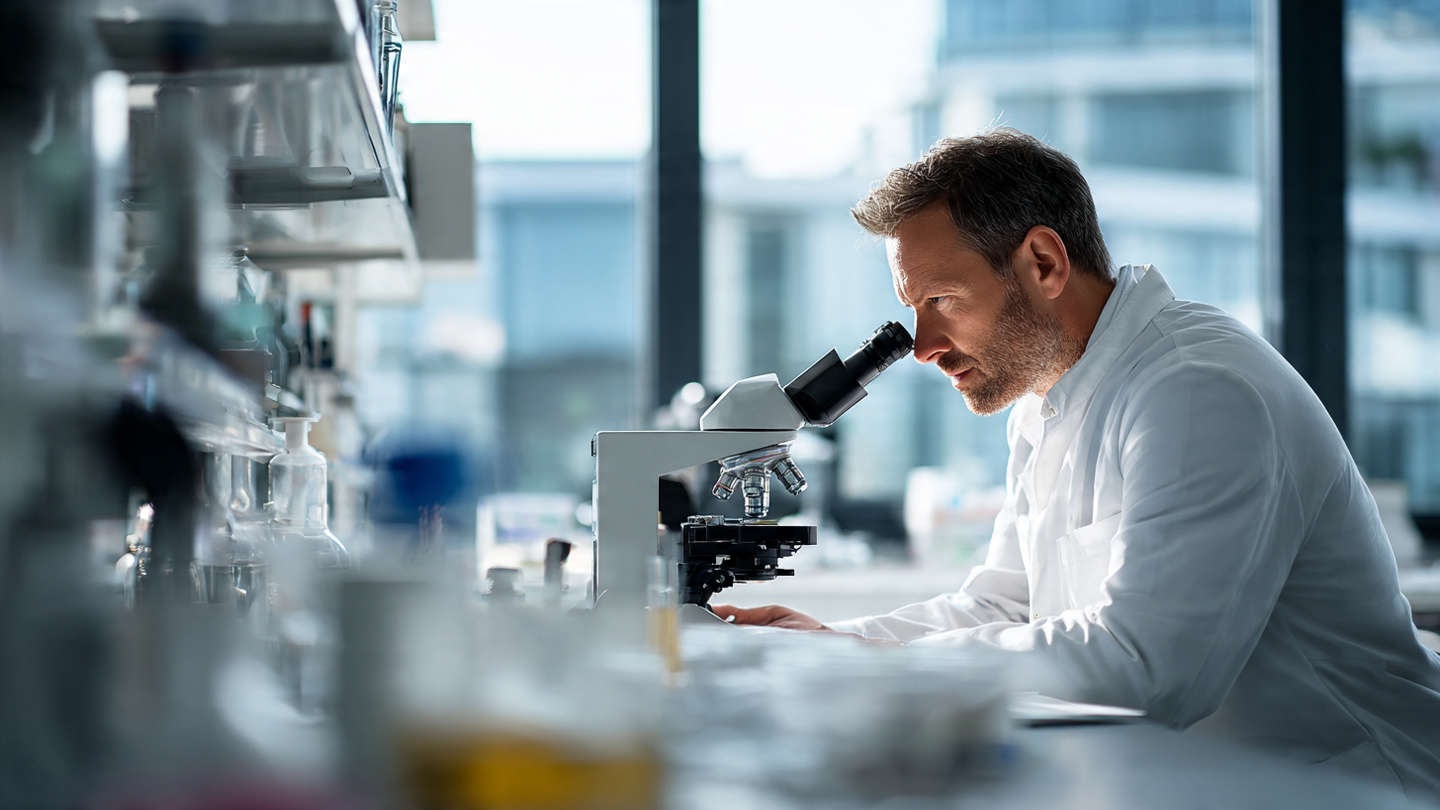 A scientist in a white lab coat looking intently through a microscope in a bright, modern laboratory, natural daylight from large windows, focused expression, shallow depth of field blurring the background lab equipment