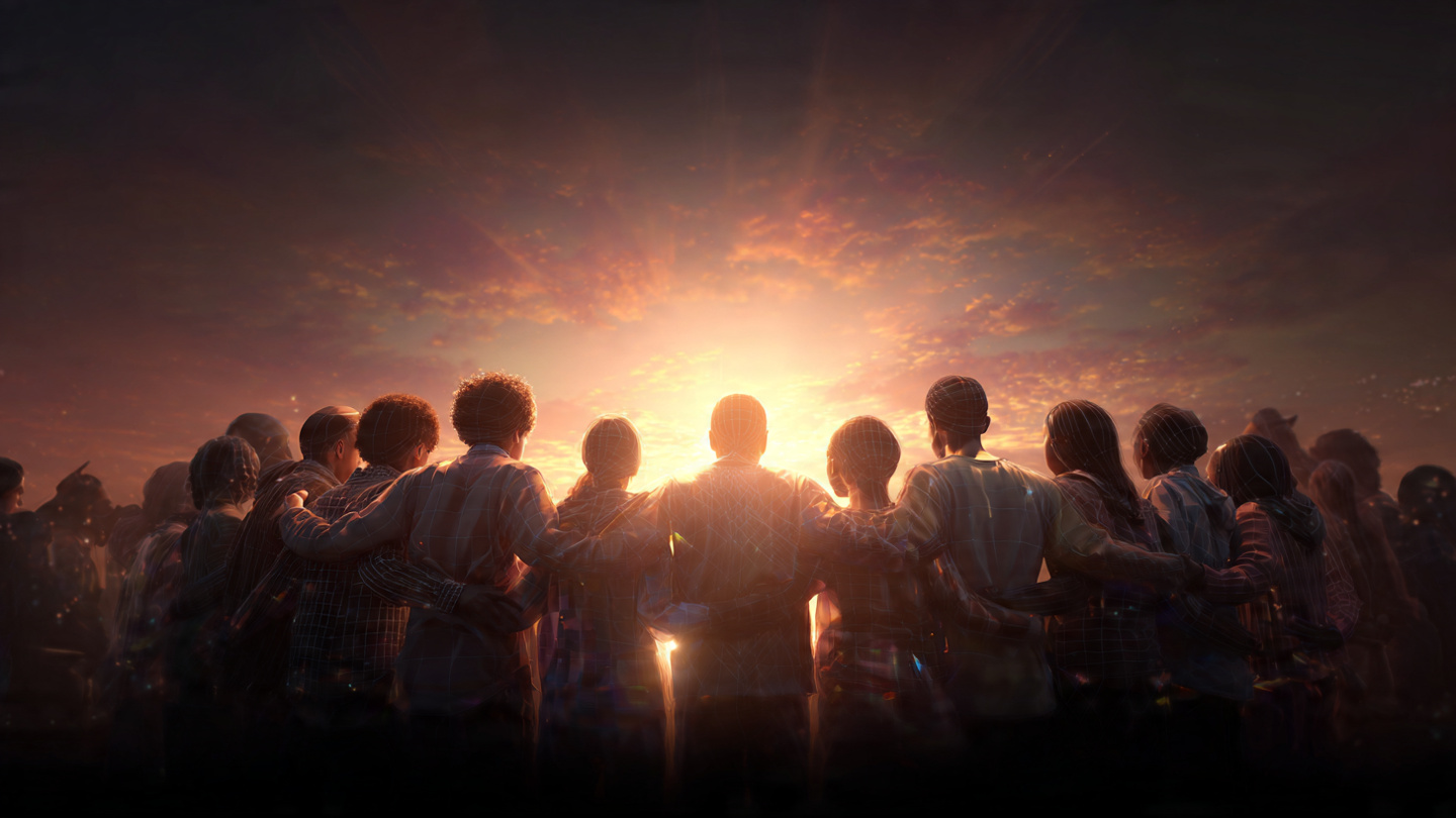 A diverse group of people standing in a circle, hands over hearts, connected by subtle threads of light representing shared consciousness and community. Background is a warm, uplifting sunrise. Symbolizes the Morning Motivator Consciousness Community and collective upgrade. Inspiring, connected, human.