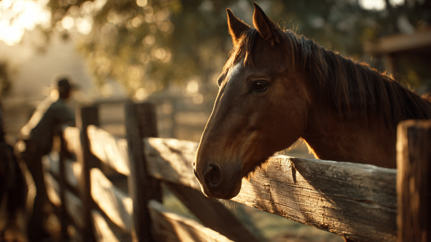 Morning light filtering through a rustic ranch fence, a calm horse standing peacefully with a person nearby in soft focus, golden hour warmth, shallow depth of field, symbolizing trust, communication, and inner peace. 