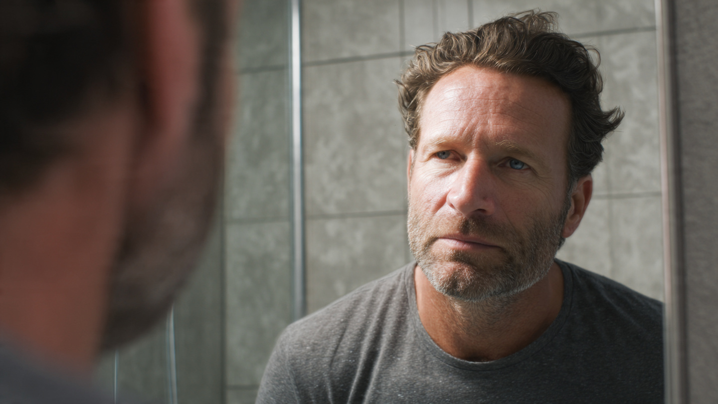 A man in his 40s, looking into a bathroom mirror. The room is simple. He's not flexing or posturing. He has a few scars and signs of age. He is looking at his own reflection with a look of quiet, profound acceptance and calm self-respect. The lighting is soft and natural.