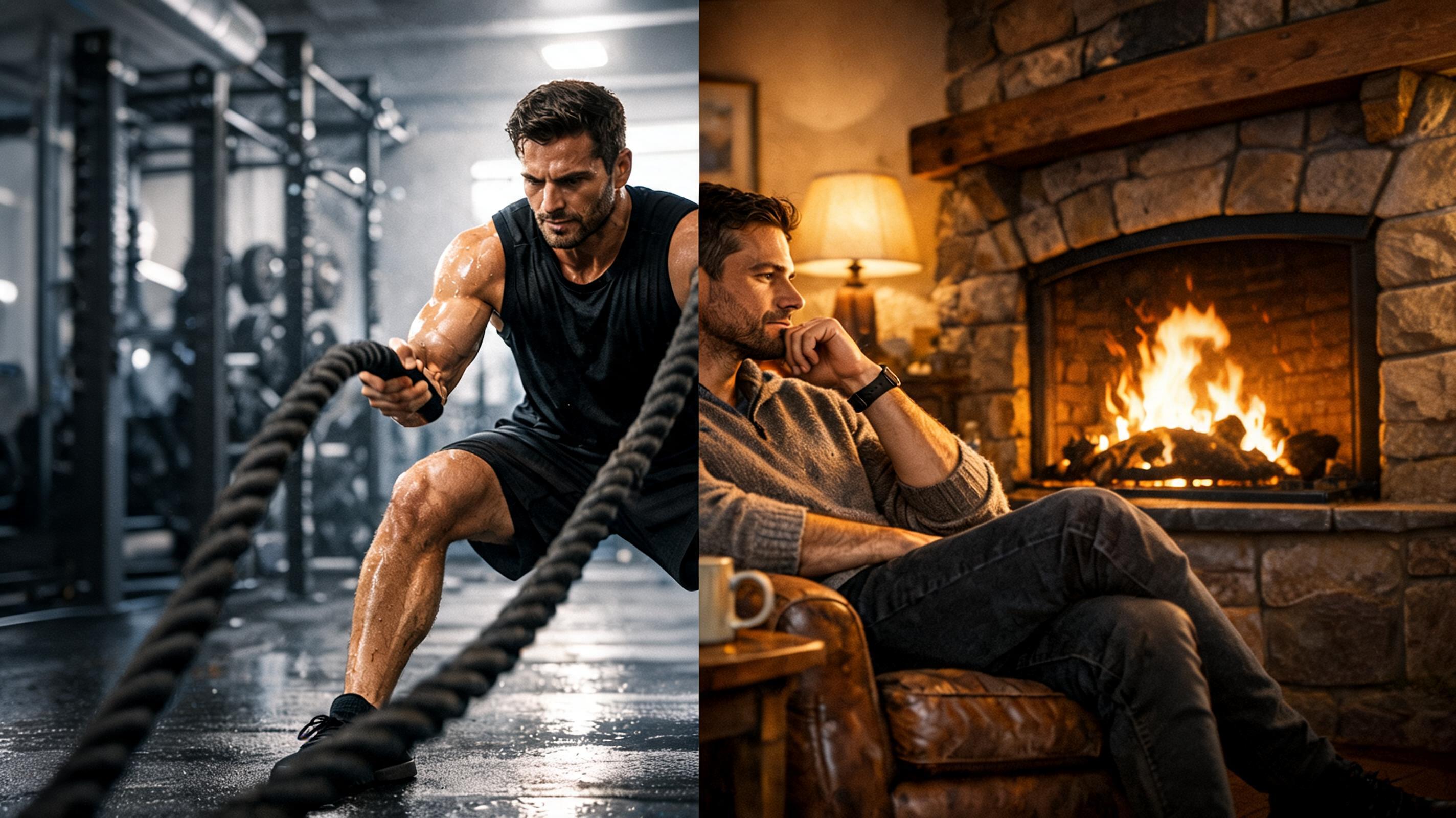 A visually striking split-image. On the left, a man is in the middle of an intense, disciplined workout in a modern, clean gym. On the right, the same man is sitting peacefully in a comfortable chair by a crackling fire, staring thoughtfully into the flames. The two images blend seamlessly in the middle, representing the balance of hustle and peace.