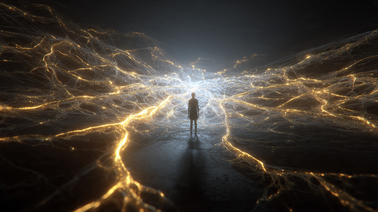An abstract but photorealistic image. A human silhouette seen from behind, looking out at a complex, glowing network of neural pathways that form a giant, interconnected web. The pathways pulse with a calm, golden light, representing the mind being deliberately "rewired." The mood is futuristic, powerful, and full of potential.