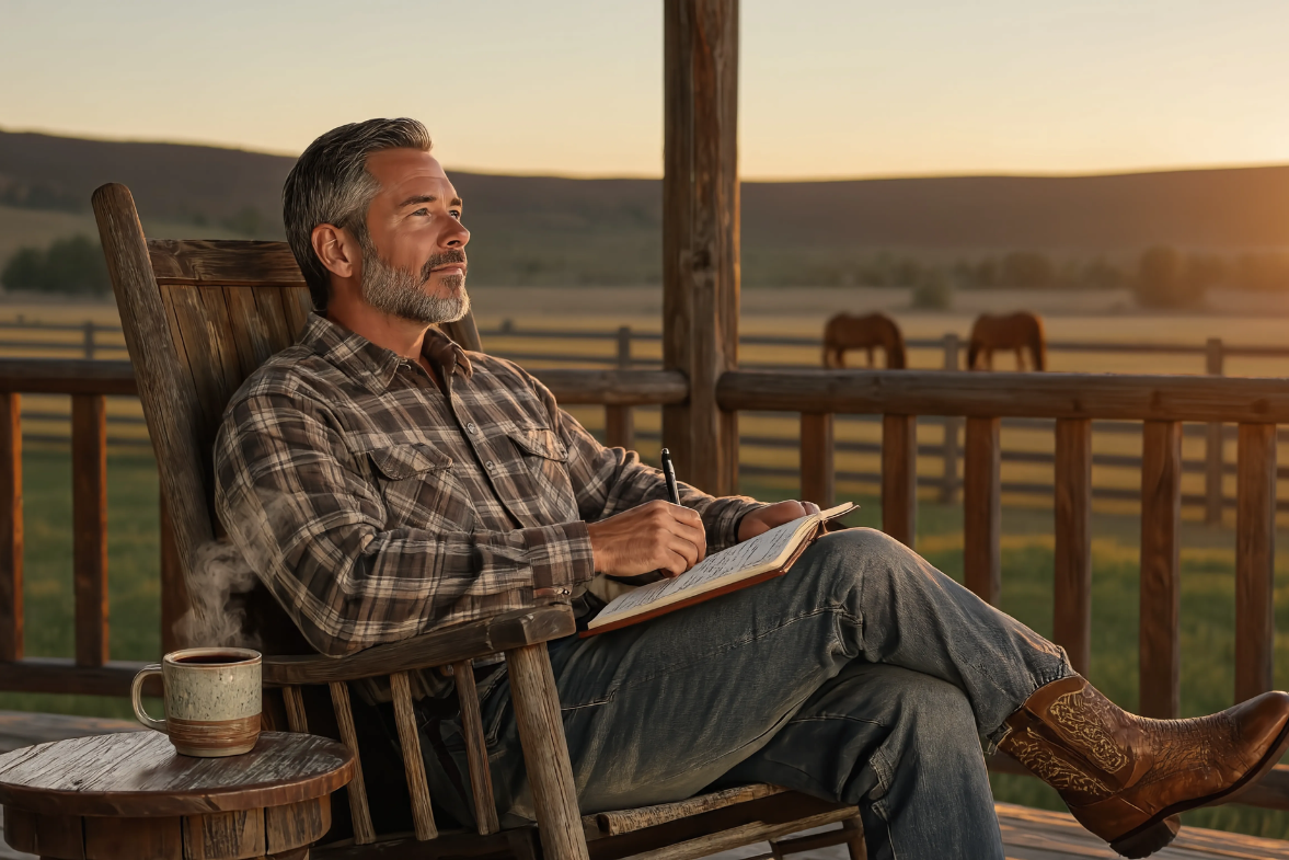 Person quietly observing and journaling on his front porch, representing self-awareness and Tracking Tuesday Person quietly observing and journaling on his front porch, representing self-awareness and Tracking Tuesday