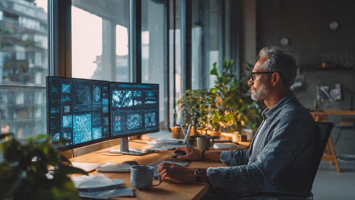 A diverse professional person sitting at a modern minimalist desk with multiple screens showing AI interfaces and data visualizations, warm morning light streaming through large windows, thoughtful expression, wearing smart casual attire, coffee cup on desk, plants in background