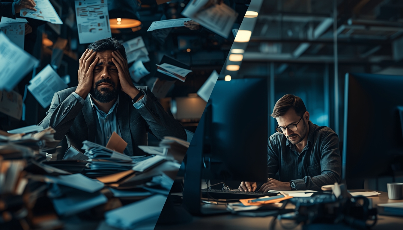 A split screen concept: left side shows someone overwhelmed with papers and busywork looking stressed, right side shows the same person focused and energized working on creative strategic tasks, modern office environment, dramatic lighting contrast
