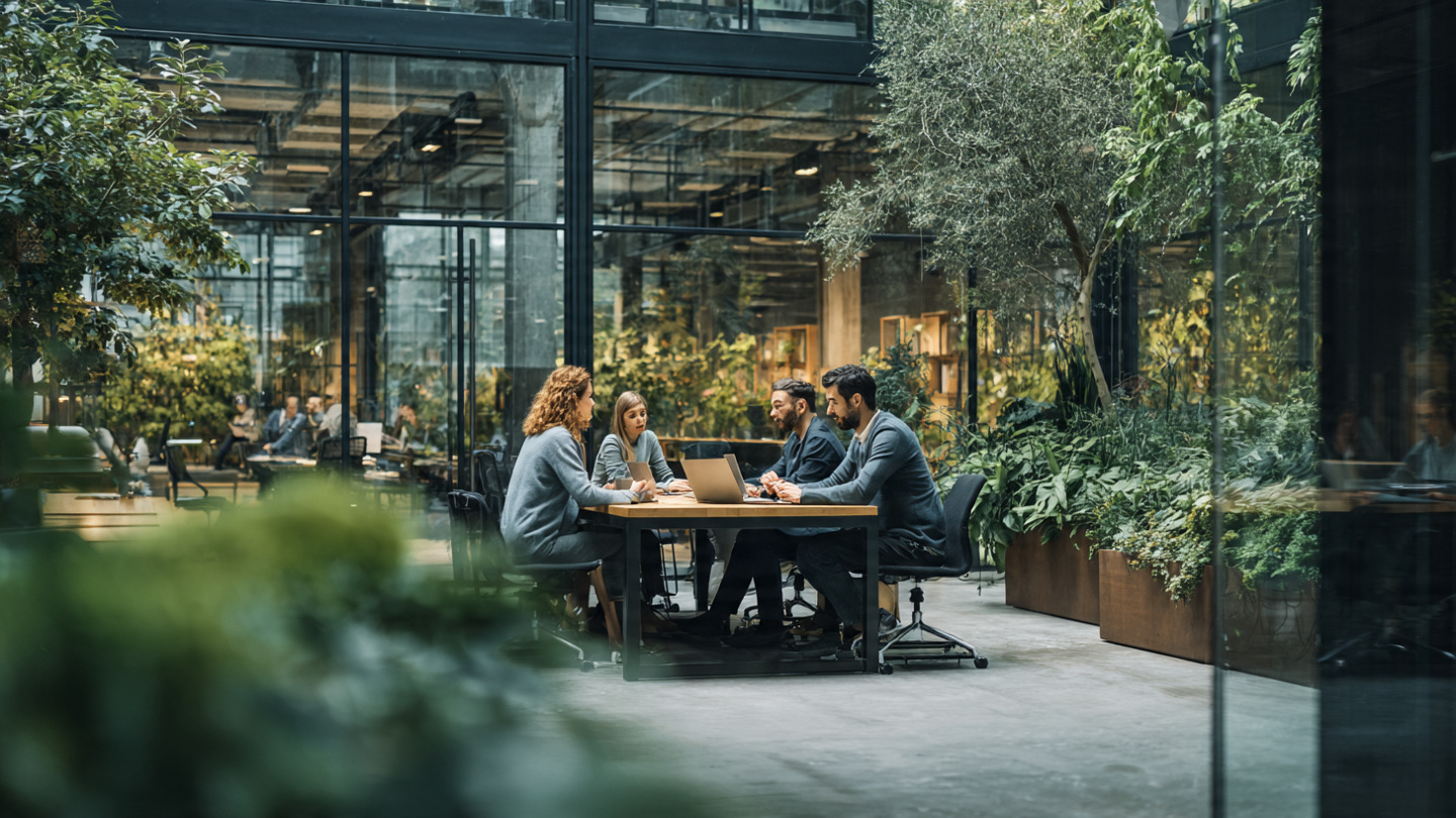 A diverse group of 4 professionals in a modern collaborative workspace, looking at tablets and laptops together, engaged in discussion, natural lighting, contemporary office design with glass walls and plants, authentic candid moment