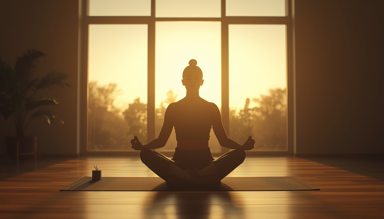 A person in peaceful meditation pose in a bright minimalist room at dawn, soft golden morning light, silhouette against large window, serene atmosphere, yoga mat visible, indoor plants, calm and contemplative mood