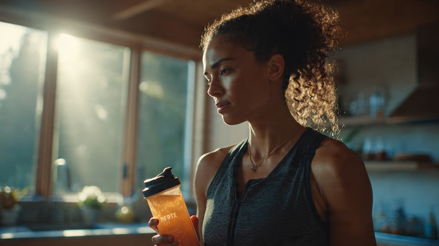 A person in athletic wear holding a protein shaker bottle in a bright, modern kitchen with morning sunlight streaming through windows. The person looks contemplative, examining the nutrition label closely. Clean, health-focused aesthetic with natural lighting, shallow depth of field