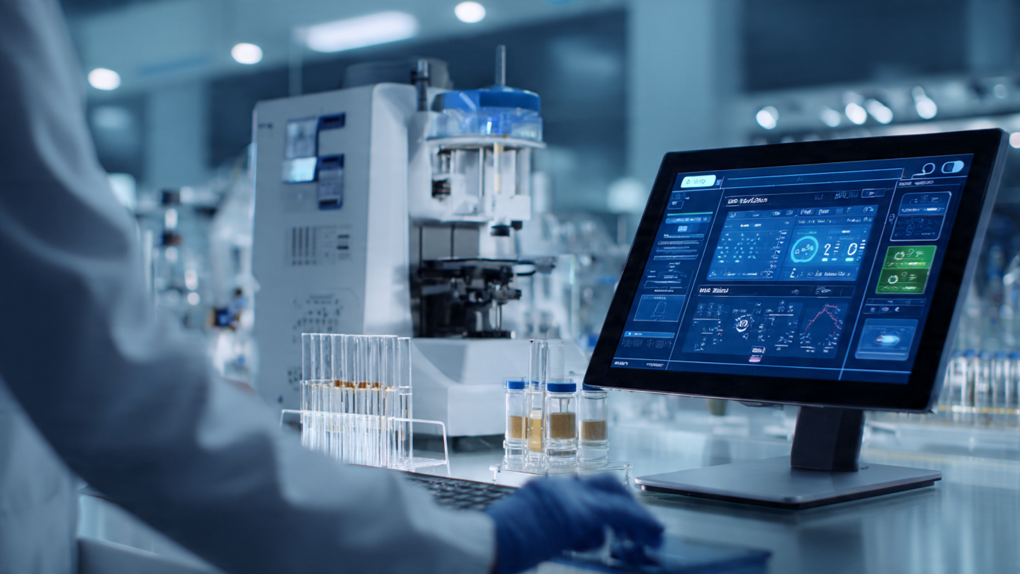 A laboratory setting with scientific testing equipment—mass spectrometer, test tubes with protein powder samples, lab technician in white coat examining results on a digital screen showing heavy metal detection levels. Clean, clinical aesthetic with blue and white tones, professional scientific photography style, shallow depth of field focusing on the testing equipment.