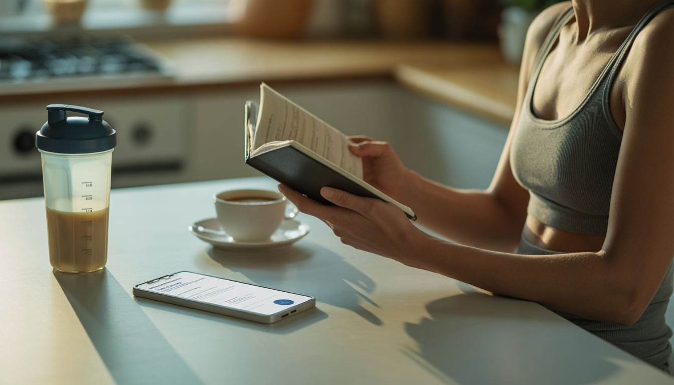 A person in morning light sitting peacefully at a clean kitchen table, holding a journal and a cup of coffee, with a protein shaker bottle and a smartphone displaying a Certificate of Analysis document. 