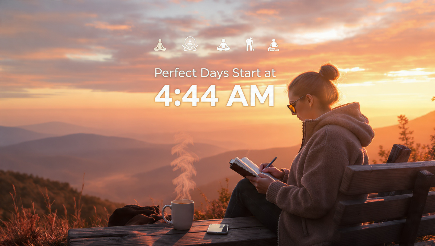 A photorealistic, aspirational lifestyle image of a mountain overlook with a person journaling on a bench, phone face-down beside them, and a steaming mug nearby. Overlay subtle text-style graphics in the sky area reading ‘Perfect Days Start at 4:44 AM’ and icons for meditation, movement, and protein shake. 