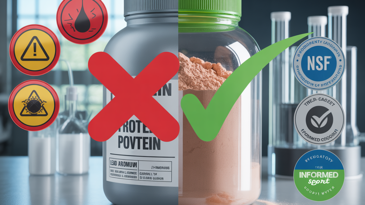 A split-screen comparison image. Left side: a generic protein powder container with a red X overlay, surrounded by warning symbols for heavy metals (lead, arsenic, cadmium icons). Right side: a clean, transparent protein powder container with green checkmark, third-party certification badges visible. Laboratory testing equipment visible in background. 