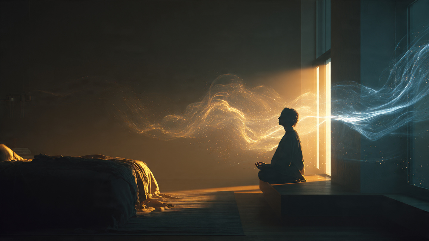 A person sitting peacefully in meditation at dawn, golden light streaming through a window, subtle ethereal energy vortex swirling around them in blues and golds, modern minimalist bedroom