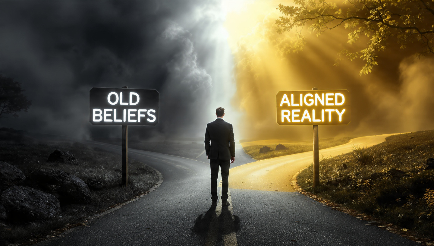 Photorealistic image of a modern professional standing at a crossroads, one path dark and foggy labeled "Old Beliefs," the other path bright and golden labeled "Aligned Reality," cinematic lighting, symbolic composition
