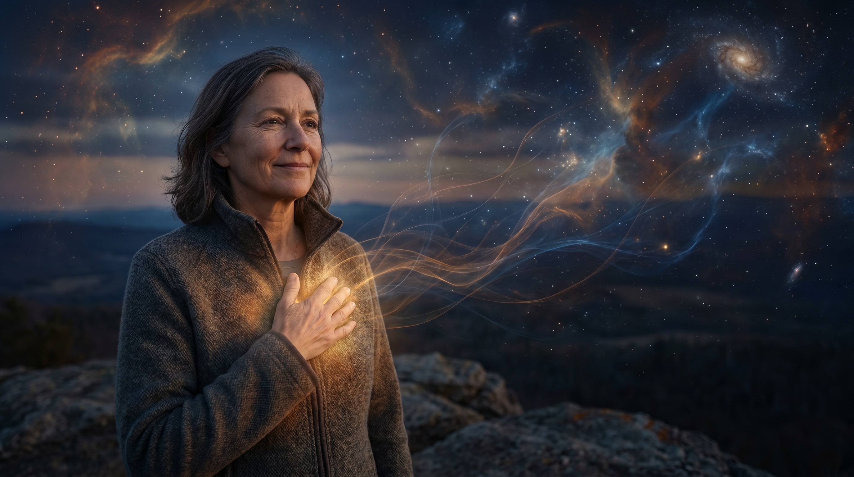 A person with hand over heart, soft golden light emanating from their chest representing the inner being, subtle energy threads connecting them to a larger cosmic field, peaceful knowing expression, warm amber and blue tones