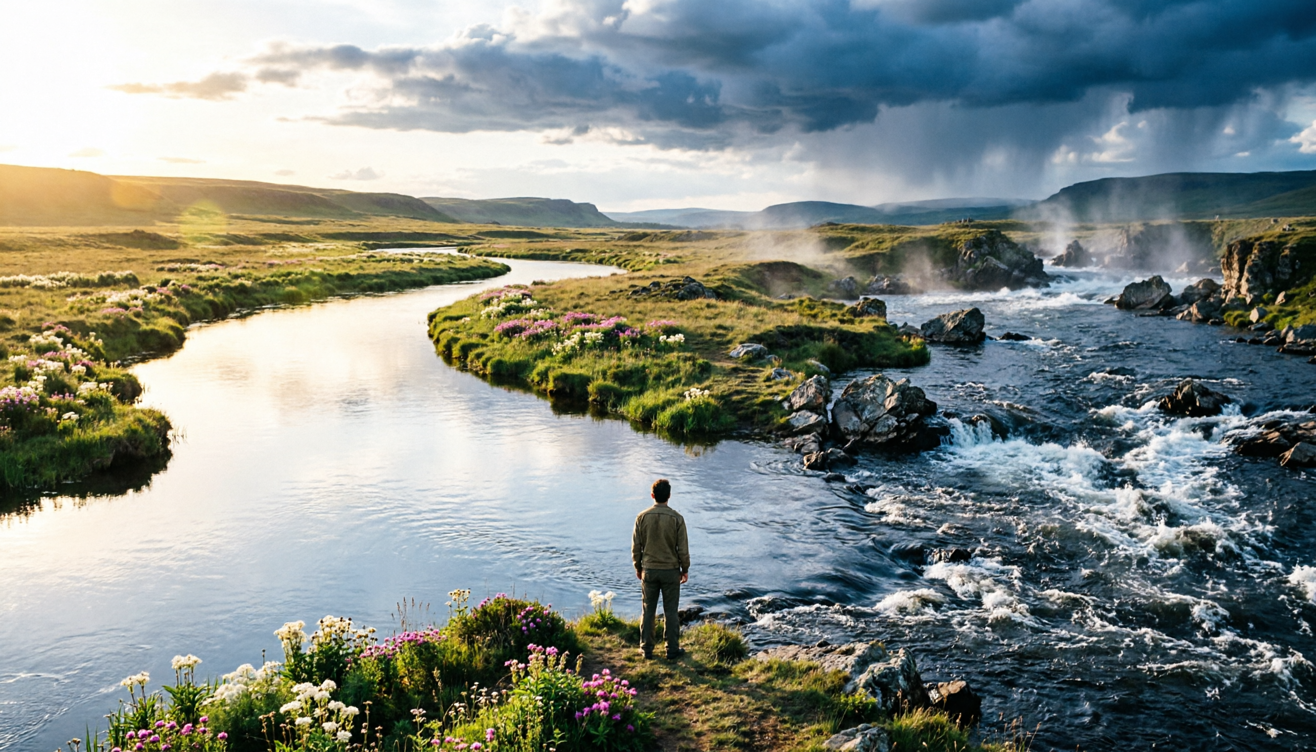 A river flowing through a landscape, one side calm and golden representing downstream, the other side turbulent and dark representing upstream, a person standing at the edge choosing which way to step