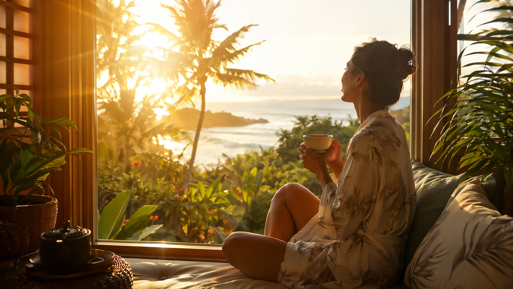 A person sitting by a window at sunrise in Hawaii, a cup of tea in hand, looking peaceful and centered. The light is soft and golden, representing the theta morning state. sun flares and tropical plants surround