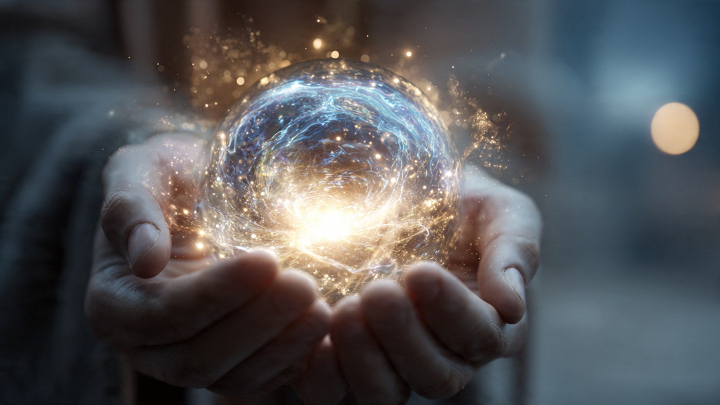 Photorealistic close-up of hands holding a glowing orb of light representing the vortex, energy particles swirling around, soft bokeh background, warm golden and blue tones, symbolic of manifestation
