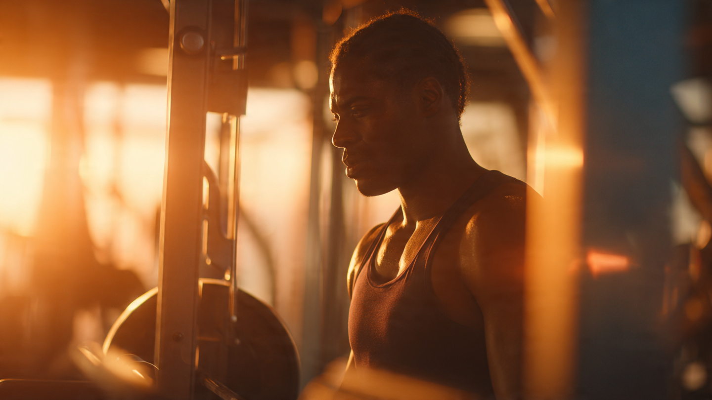 A determined athlete in a modern gym at golden hour, standing thoughtfully between a barbell rack and cable machine, looking contemplative rather than exhausted. Warm lighting, shallow depth of field, professional fitness photography style, showing intelligence in training rather than just effort.