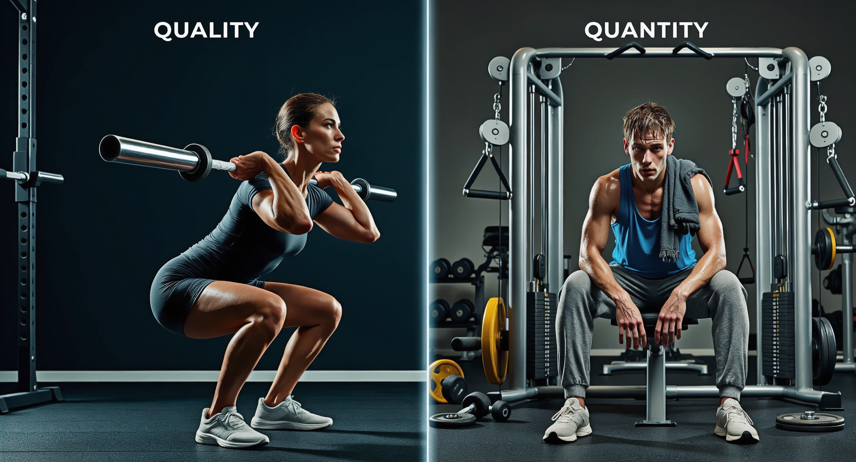 Side-by-side comparison visualization: Left side shows a person doing one focused exercise with perfect form and intense concentration, right side shows someone exhausted between multiple machines looking scattered. Split screen, professional fitness photography, clear visual metaphor for quality vs. quantity. 