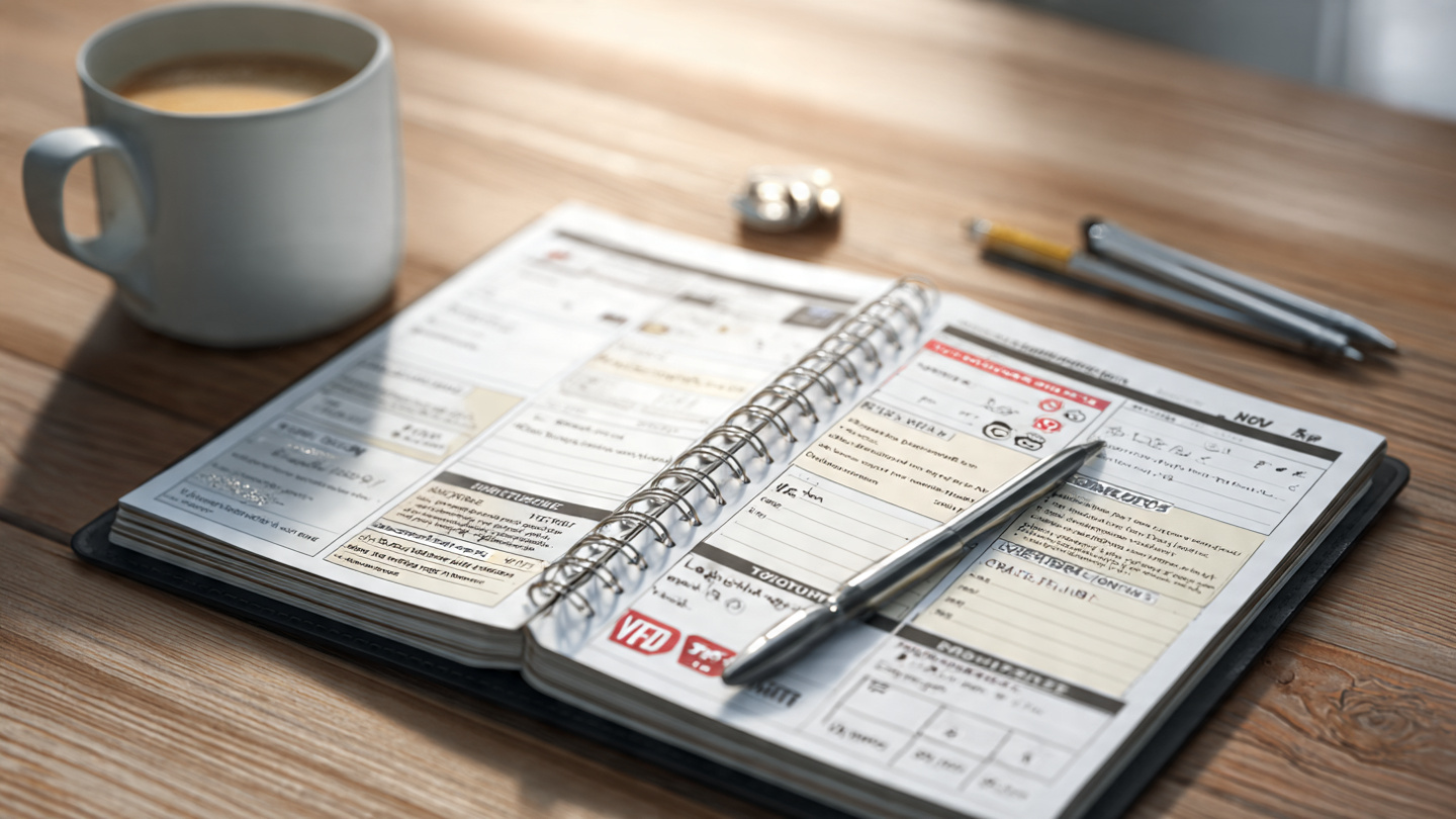 Clean infographic-style photograph of a gym training log or notebook showing a simple, efficient workout plan with 2-3 exercises per muscle group, pen resting on the page, natural lighting, organized and professional aesthetic. 