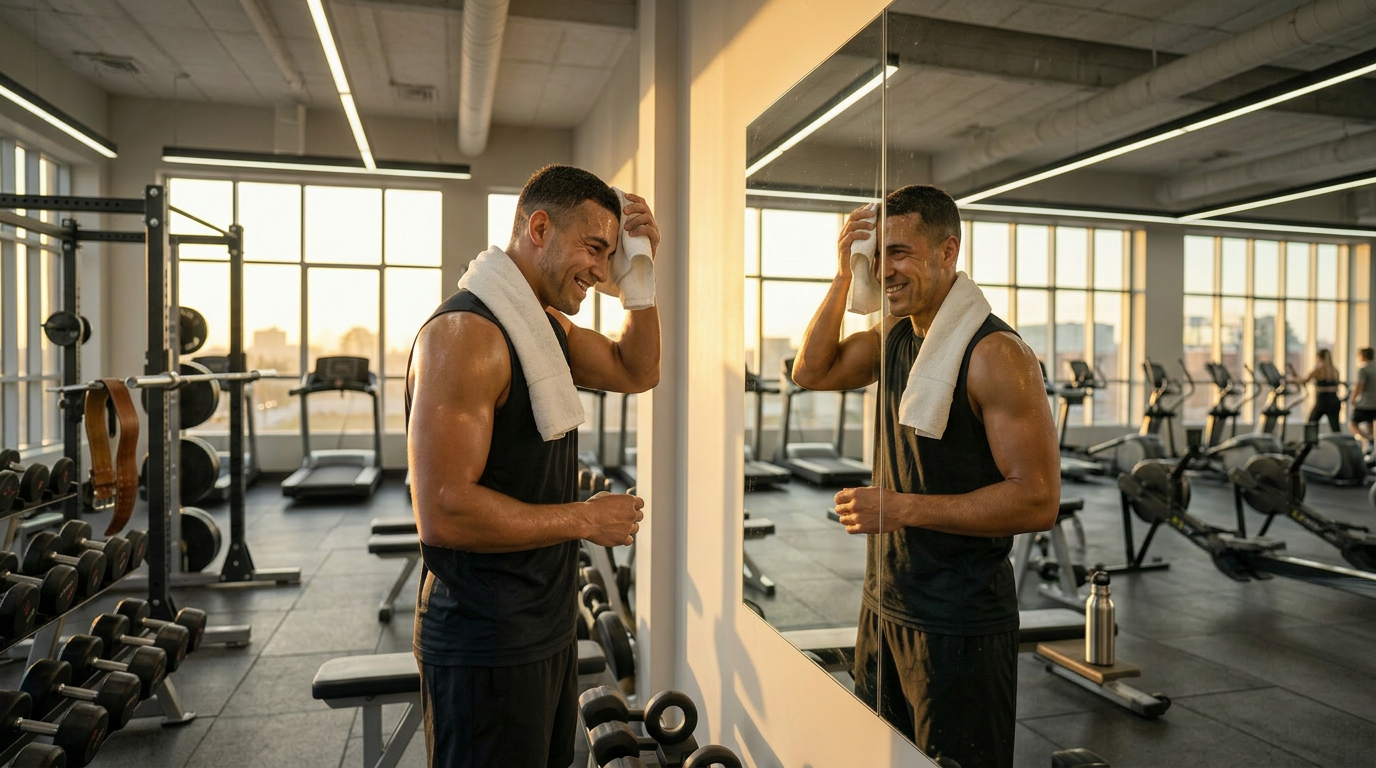 Athletic person completing a focused workout, wiping sweat with towel, satisfied smile, looking at their reflection in gym mirror with confidence, golden hour lighting, professional fitness photography showing the satisfaction of efficient training.