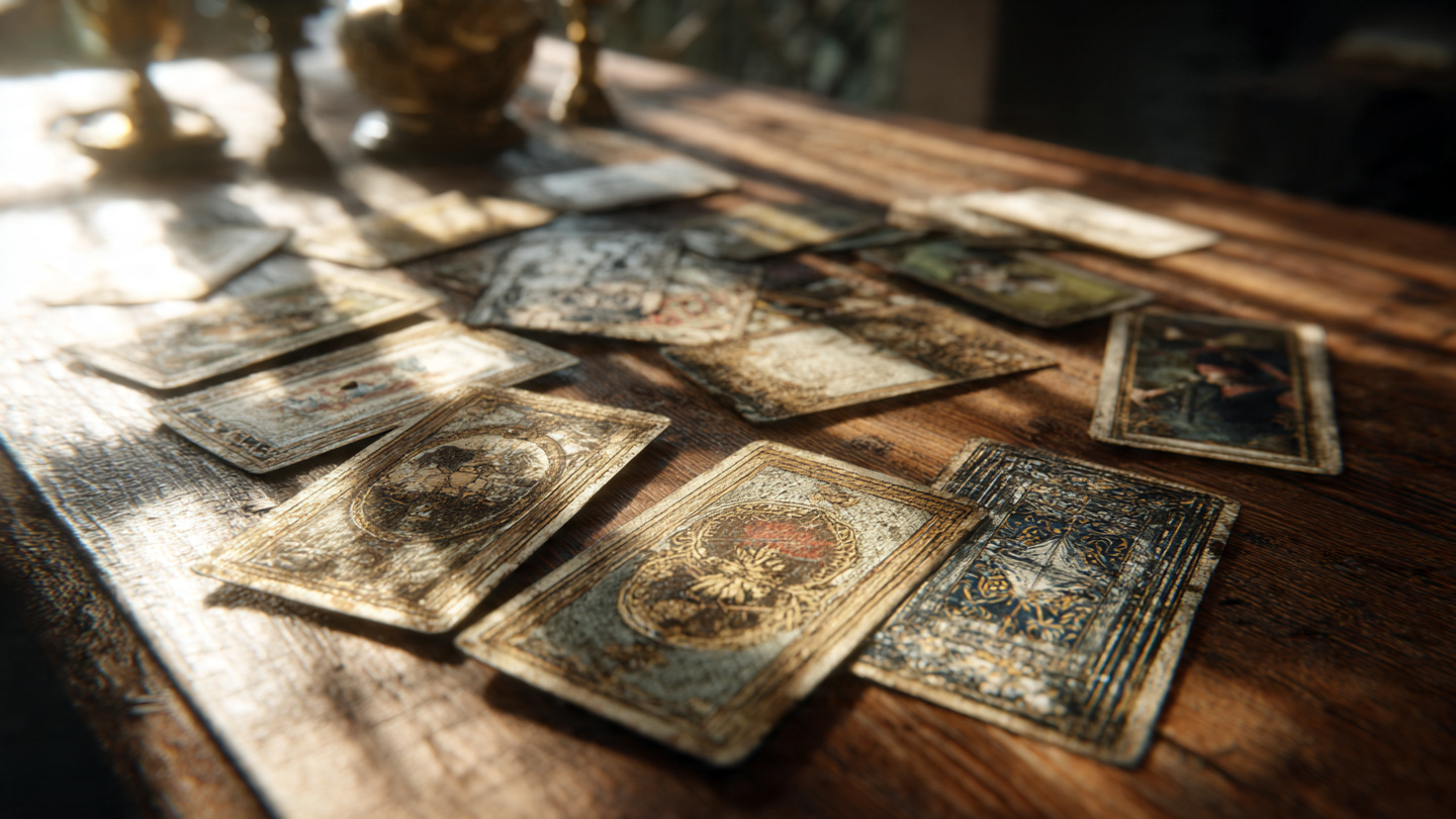 Photorealistic image of ancient tarot cards scattered on a wooden table with soft morning light filtering through a window, creating mysterious shadows and patterns. The cards appear weathered and mystical, with some showing partial images that suggest faces or figures in the artwork.
