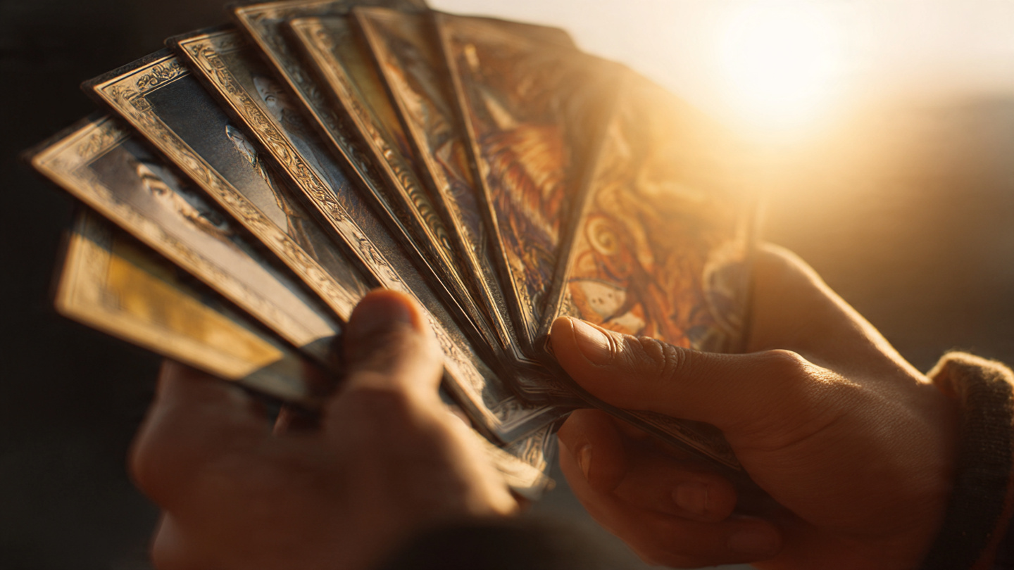 A person's hands holding tarot cards fanned out, with soft golden morning light creating dramatic shadows. The cards show partial images that suggest faces and figures.