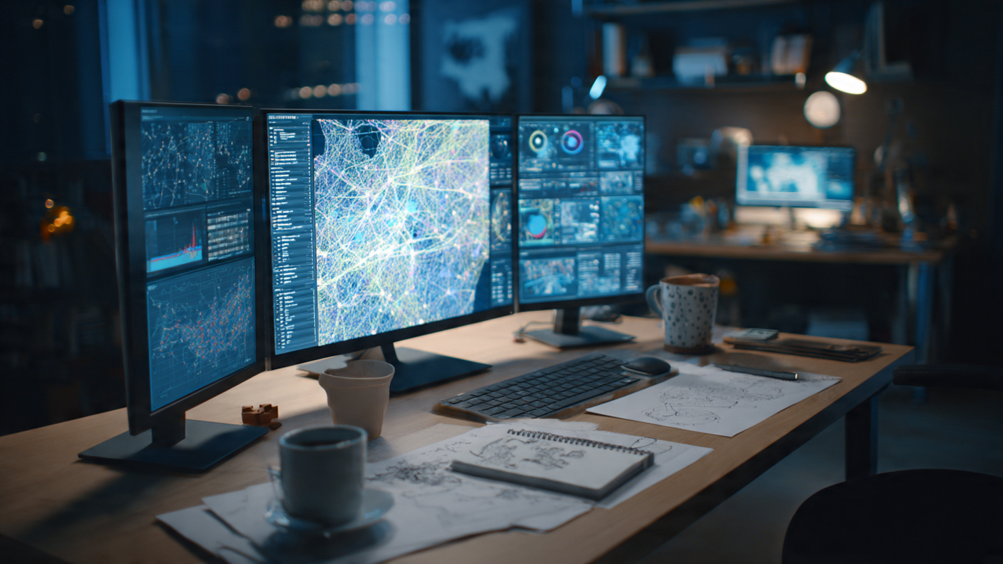A modern intelligence analyst's workspace with multiple computer screens showing data visualizations, maps, and network diagrams. Soft blue lighting, organized chaos, coffee cup, notebooks with sketches of connections. 