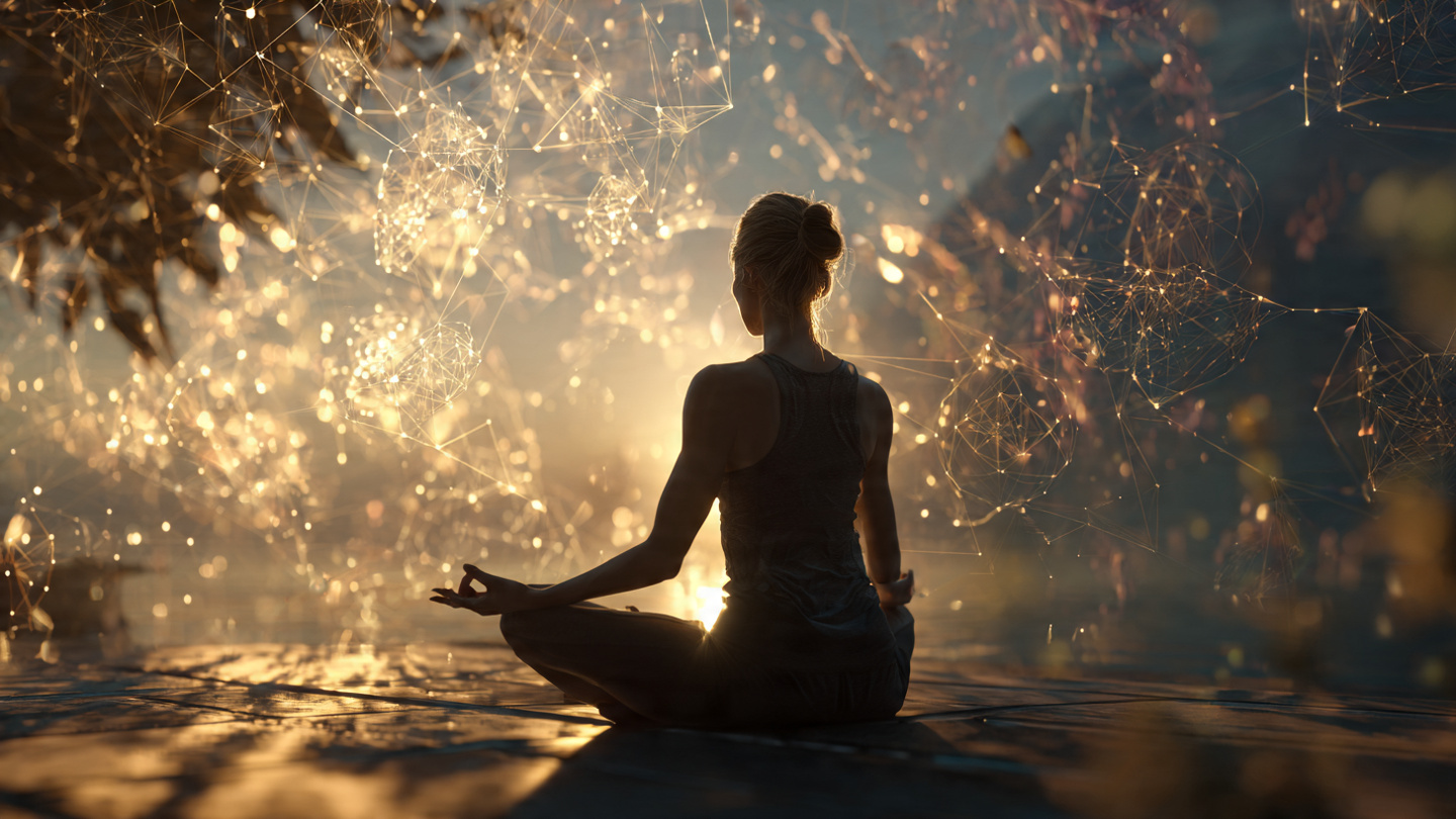 A person meditating in a peaceful morning setting with soft golden light, sitting cross-legged with eyes closed, surrounded by abstract floating symbols and patterns that suggest tarot imagery and neural networks blending together. Ethereal, cinematic lighting, shallow depth of field, inspirational atmosphere.
