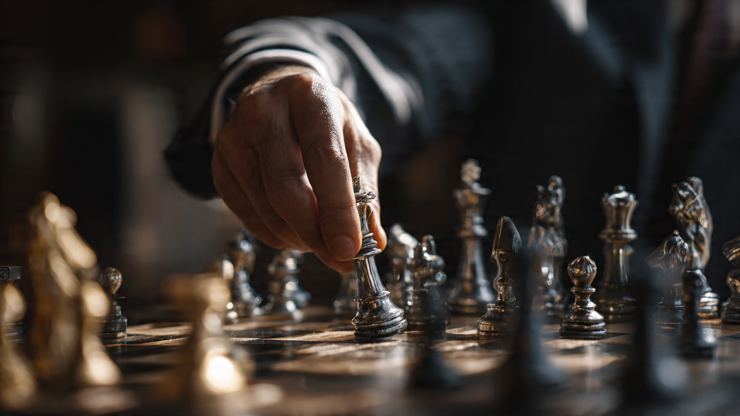 A chess grandmaster's hands moving a piece on an elegant chessboard, shallow depth of field, dramatic lighting highlighting strategic thinking and pattern recognition, professional photography, symbolic of strategic decision-making and foresight