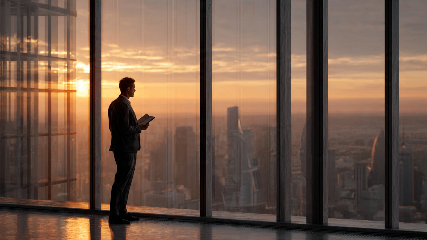 A professional leader at dawn standing by a large window in a modern office, looking out at a city skyline with a notebook in hand, golden morning light, contemplative and strategic mood, symbolizing vision and forward-thinking leadership