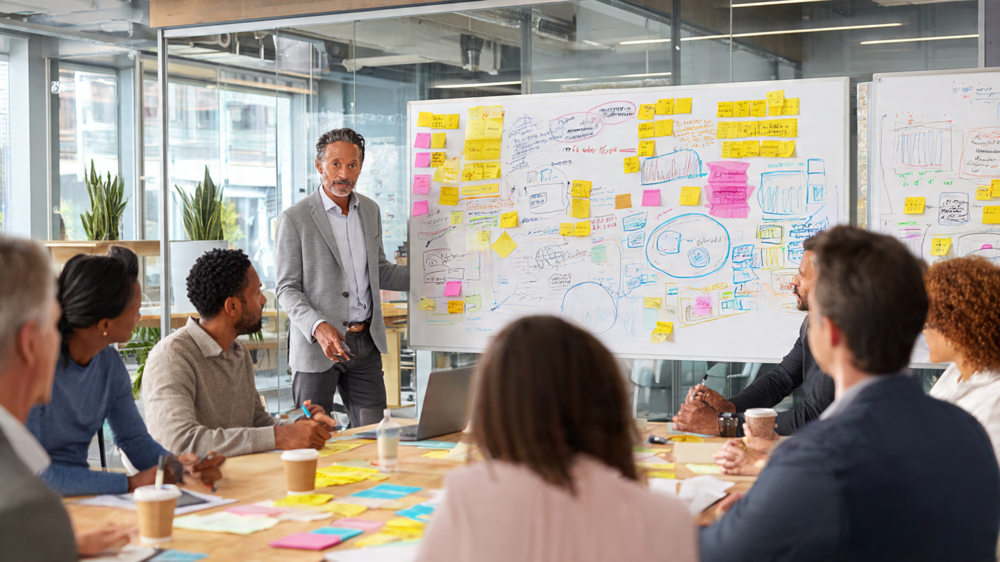 A diverse group of professionals in a modern collaborative workspace, engaged in strategic planning session with sticky notes, whiteboards showing systems diagrams and strategic frameworks, natural lighting, energetic and innovative atmosphere, professional corporate photography