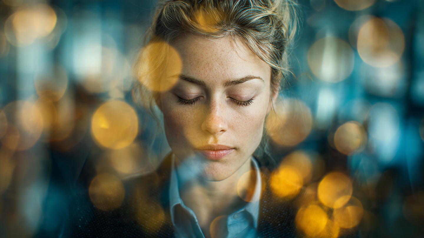 A person closing their eyes in a moment of calm focus in a busy office environment. Bokeh effect on the surrounding blur, highlighting inner peace and external control. Gold and blue tones. Representing Consciousness and Control.