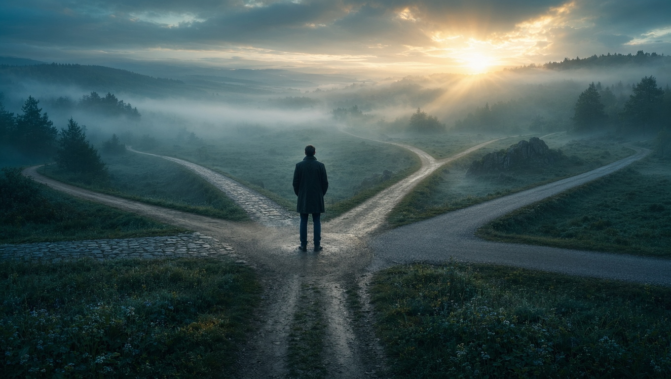 A person at a crossroads at dawn, seven distinct paths visible in mist, warm golden light breaking through, symbolic of choices and patterns