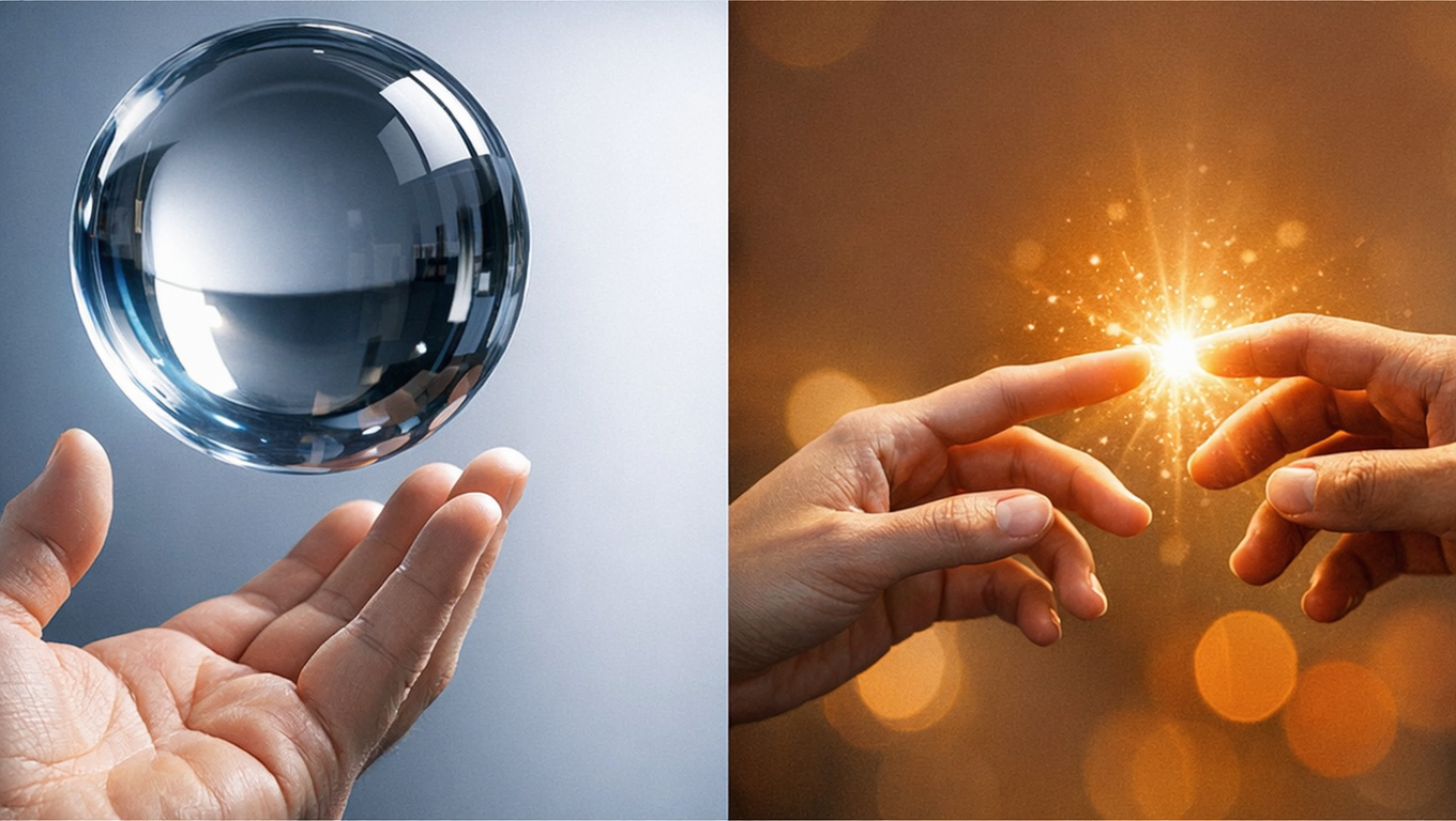 Two hands—one reaching for a flawless crystal sphere (perfection), the other reaching toward a warm glowing connection between people (connection), symbolic contrast