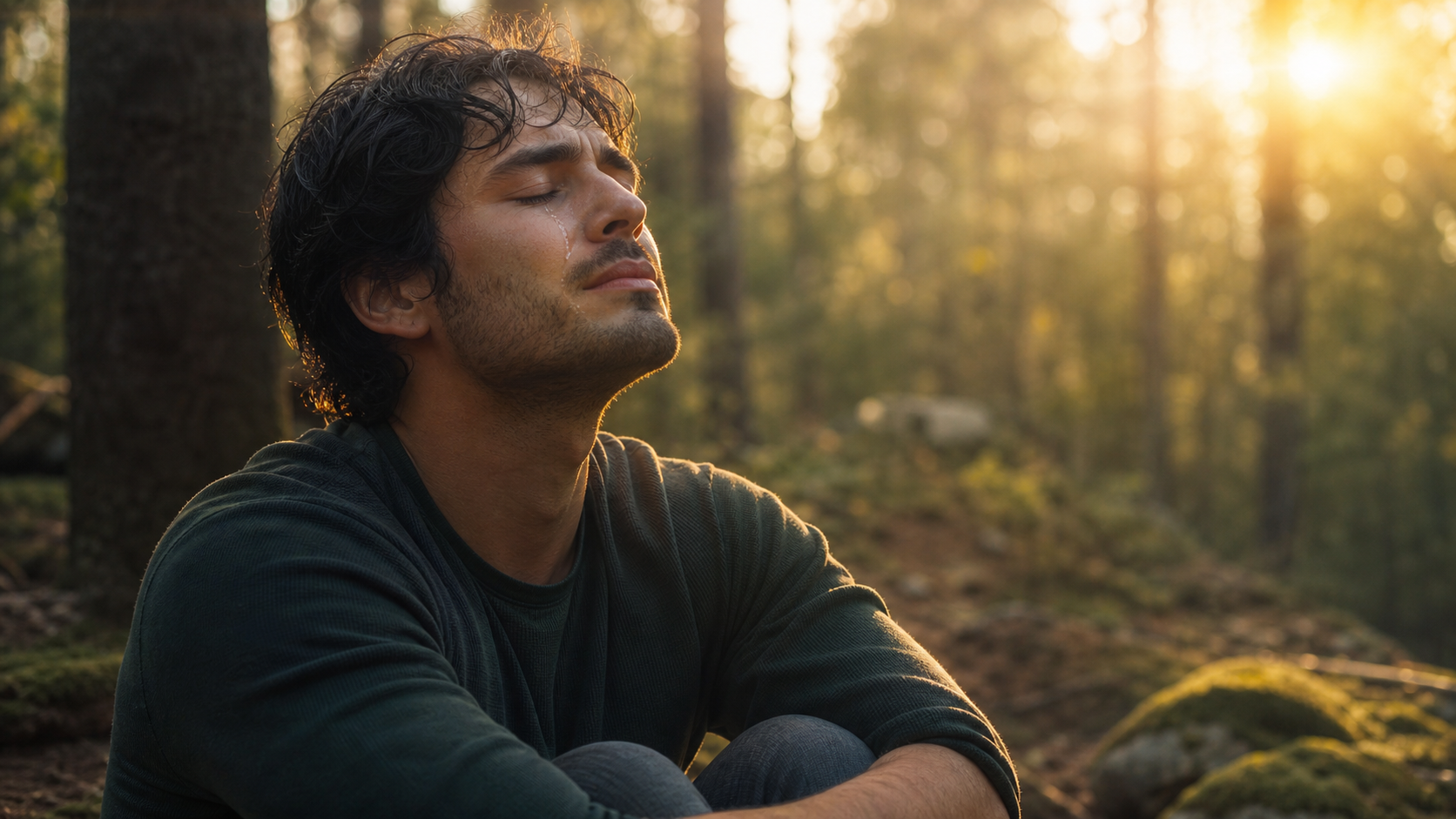 A person sitting peacefully in a forest, eyes closed, tears streaming down face but expression peaceful, golden hour light filtering through trees, emotional release and clarity