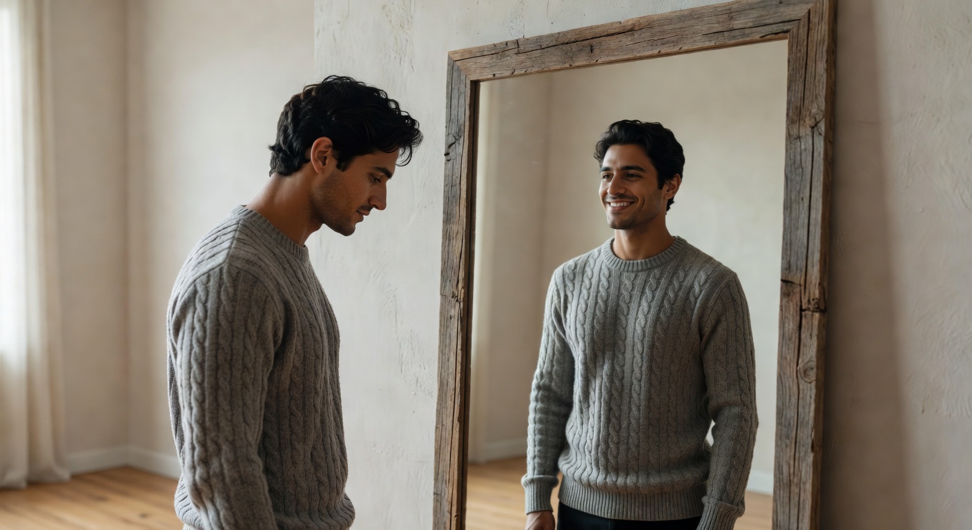 A person looking in a mirror, but the reflection shows them smiling and confident while the real person looks uncertain, symbolic of authenticity vs. self-improvement chase, soft natural lighting