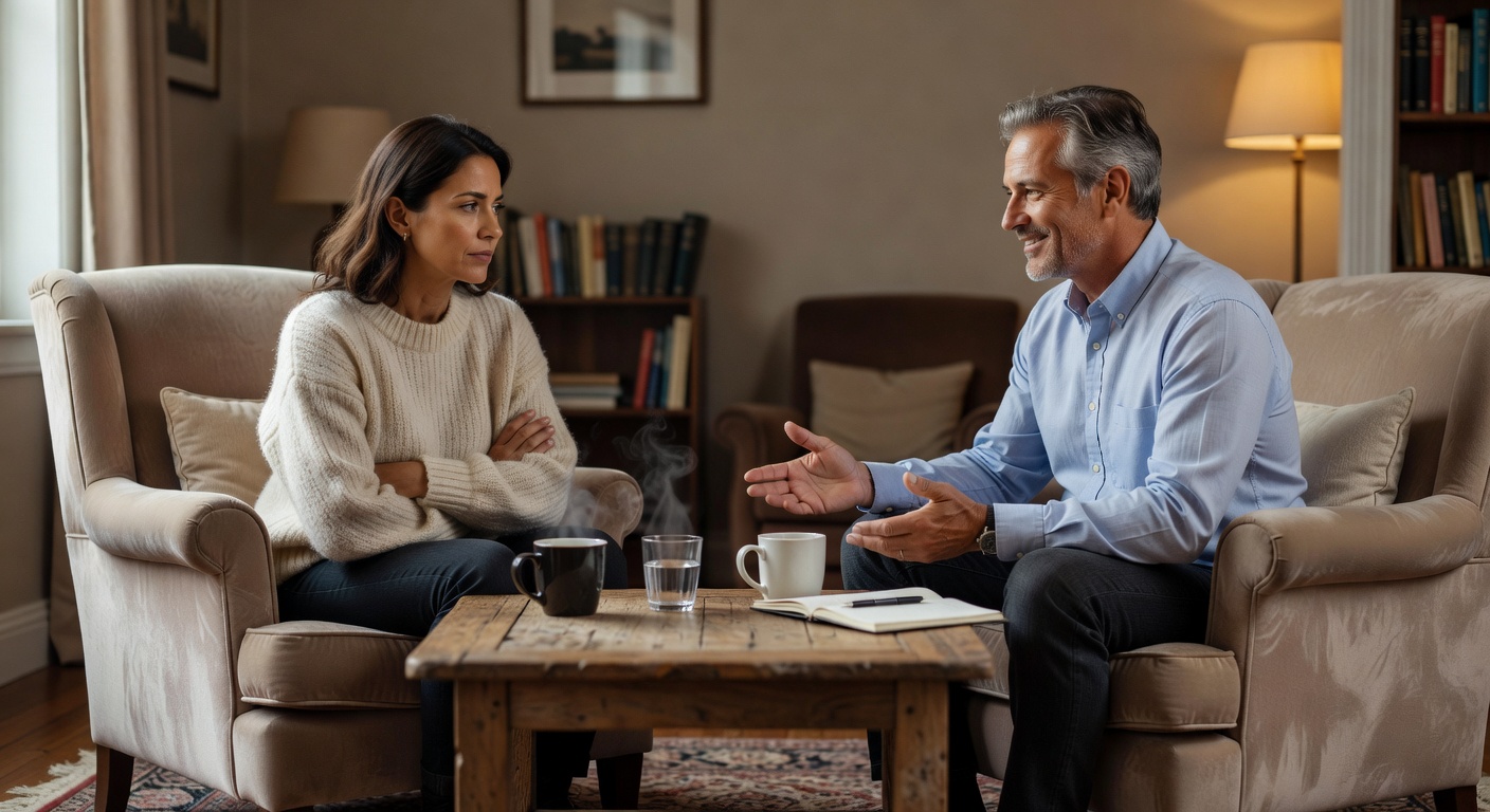 Two people in conversation, one with defensive crossed arms, the other with open posture and warm expression, symbolic of defense vs. love, soft natural lighting, emotional depth