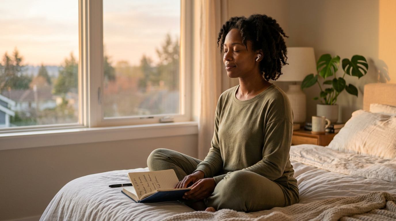 A diverse adult (30s, calm expression) sitting on the edge of their bed at dawn, soft golden morning light streaming through a window, wearing wireless earbuds, eyes gently closed in meditation, small journal resting on their lap showing a simplehandwritten notes
