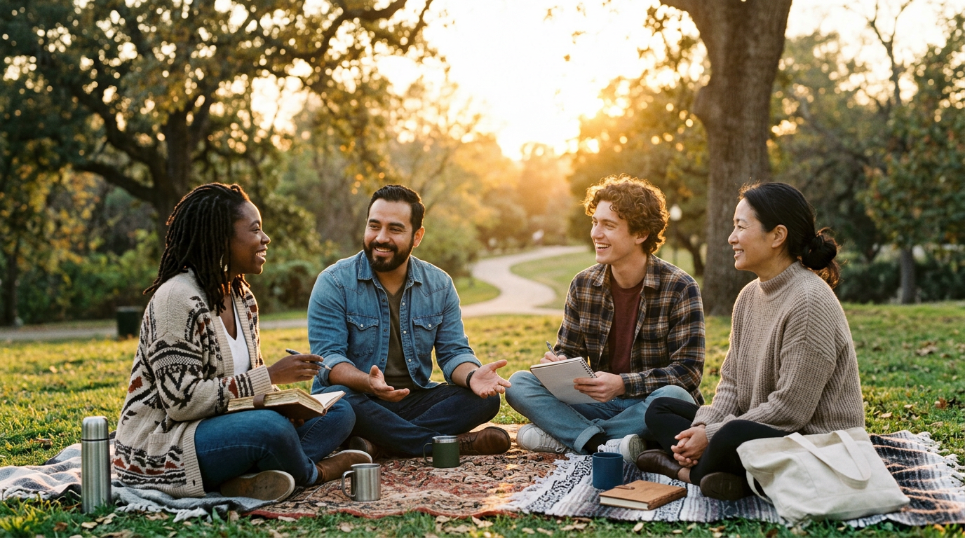 A small, diverse group of people (3-5 individuals) sitting in a loose circle outdoors at golden hour—could be a park, backyard, or peaceful urban space—engaged in warm, authentic conversation or shared silence, some with journals, some with hands open in receptive gesture