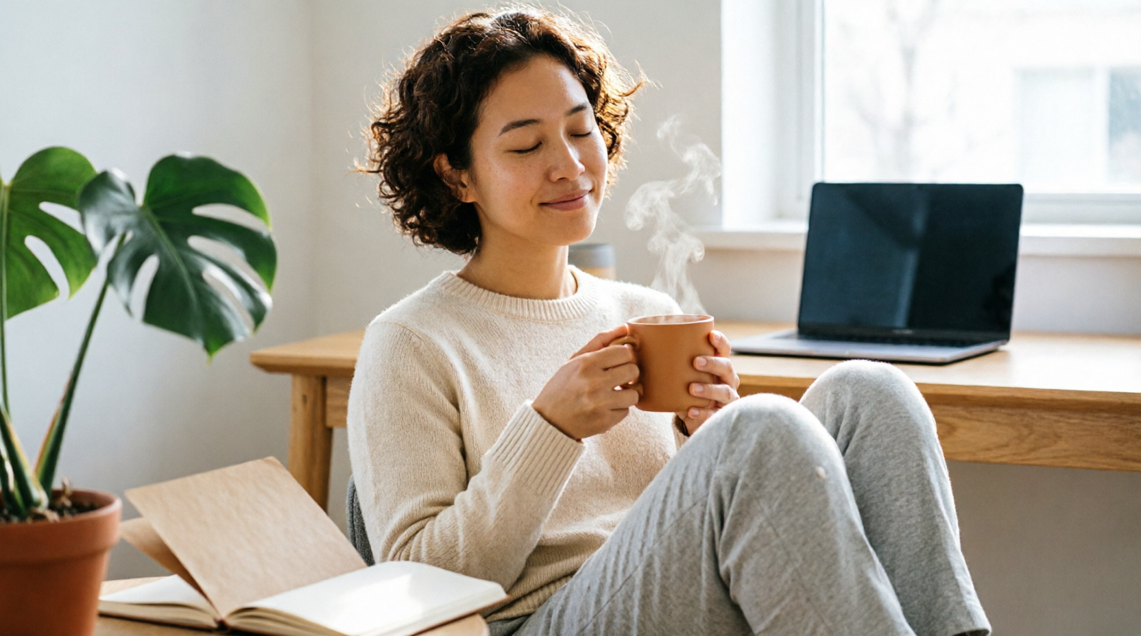 A person (gender-neutral, mid-20s to 40s) taking a mindful pause in a modern, relatable setting—could be a home office desk, kitchen counter, or park bench—hands resting gently on their lap or holding a warm mug, eyes softly focused or closed, subtle smile of presence, natural daylight, shallow depth of field