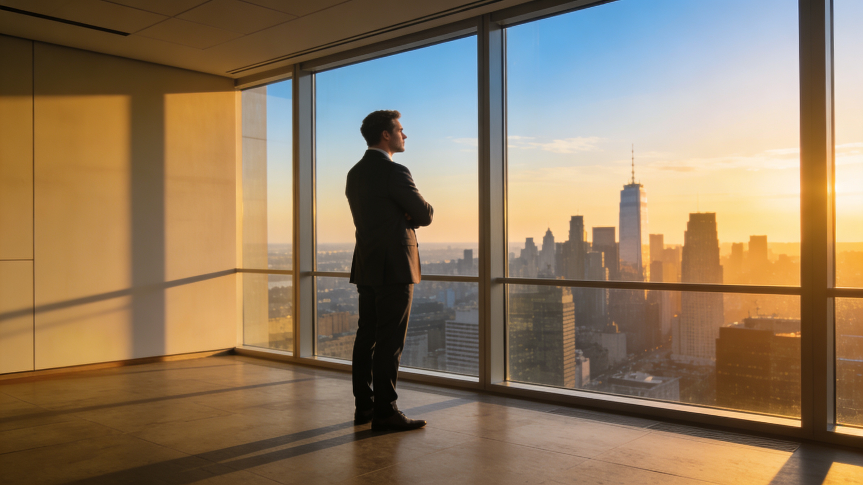 Photorealistic wide shot of a successful entrepreneur at dawn standing in a modern minimalist office with floor-to-ceiling windows, looking at a city skyline, golden hour lighting, professional business attire, calm confident posture, symbolizing strategic thinking and productivity mastery