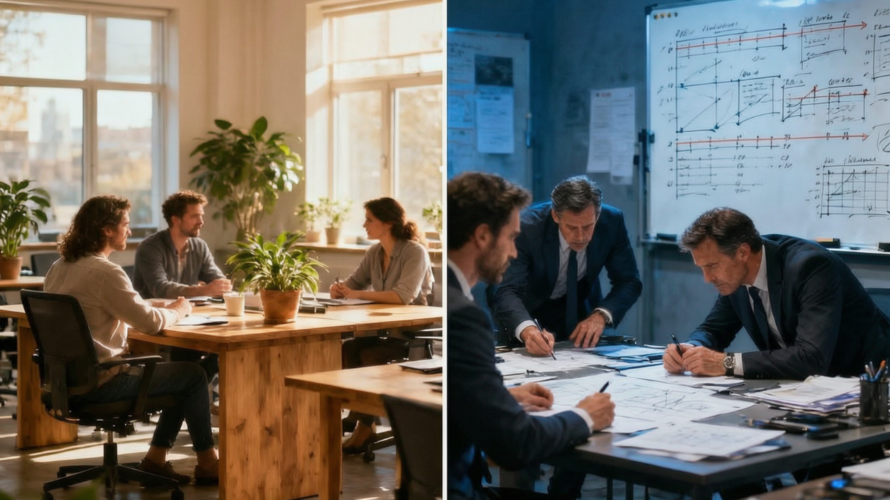 Photorealistic split-screen composition showing two contrasting business environments: left side shows calm collaborative office with natural light and relaxed team (peacetime), right side shows intense war room with whiteboards, urgent energy, focused leaders (wartime)
